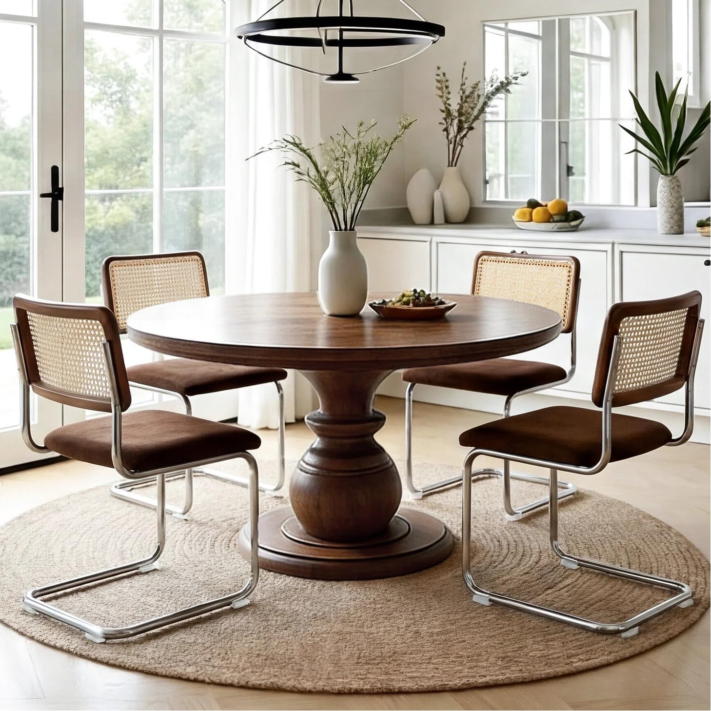 Zesthouse Natural Rattan Dining Chairs Set of 2, Modern Dining Room Chairs with Solid Wood Back for Kitchen Living Room, Mid Century Breuer Design Inspired, Upholstered Faux Leather Brown