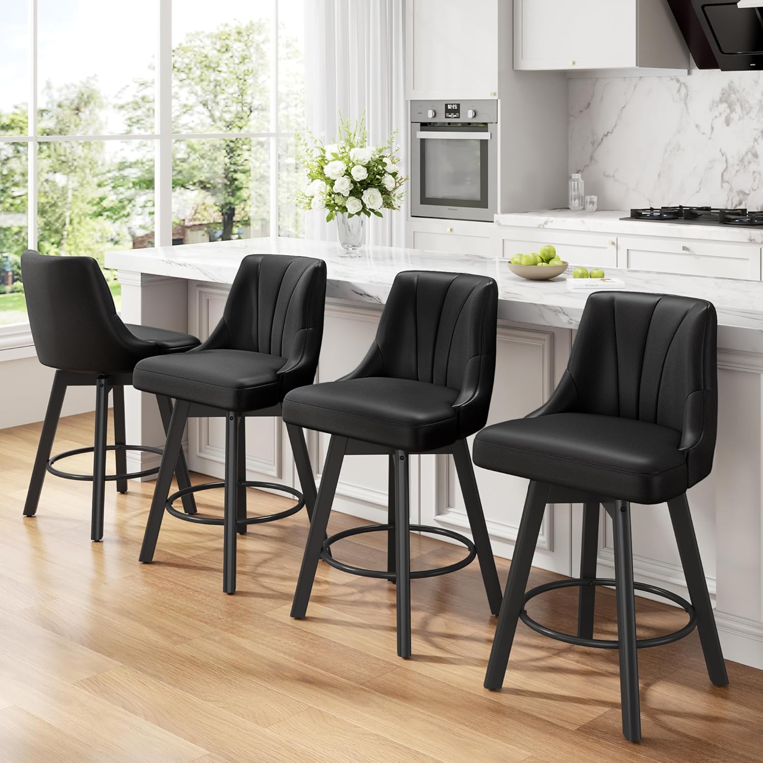 Counter Height Swivel Bar Stool, 24" Upholstered PU Leather Barstools Set of 3, Counter Stool Chair with Back & Solid Wood Legs for Kitchen Island Dining Room (Black)