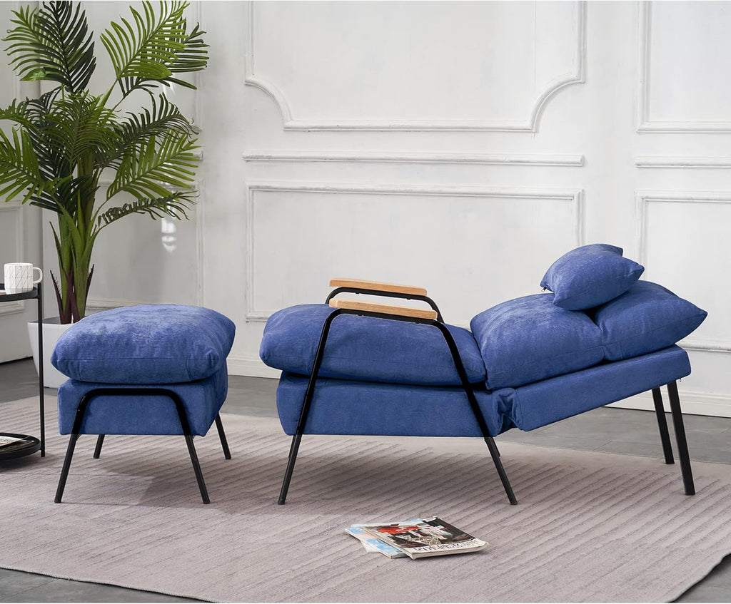 MCombo Accent Recliner Chair with Ottoman, Modern Fabric Armchair, Upholstered Sofa Bed for Living Room Bedroom, Small Space 4055 (Black Frame, Blue)