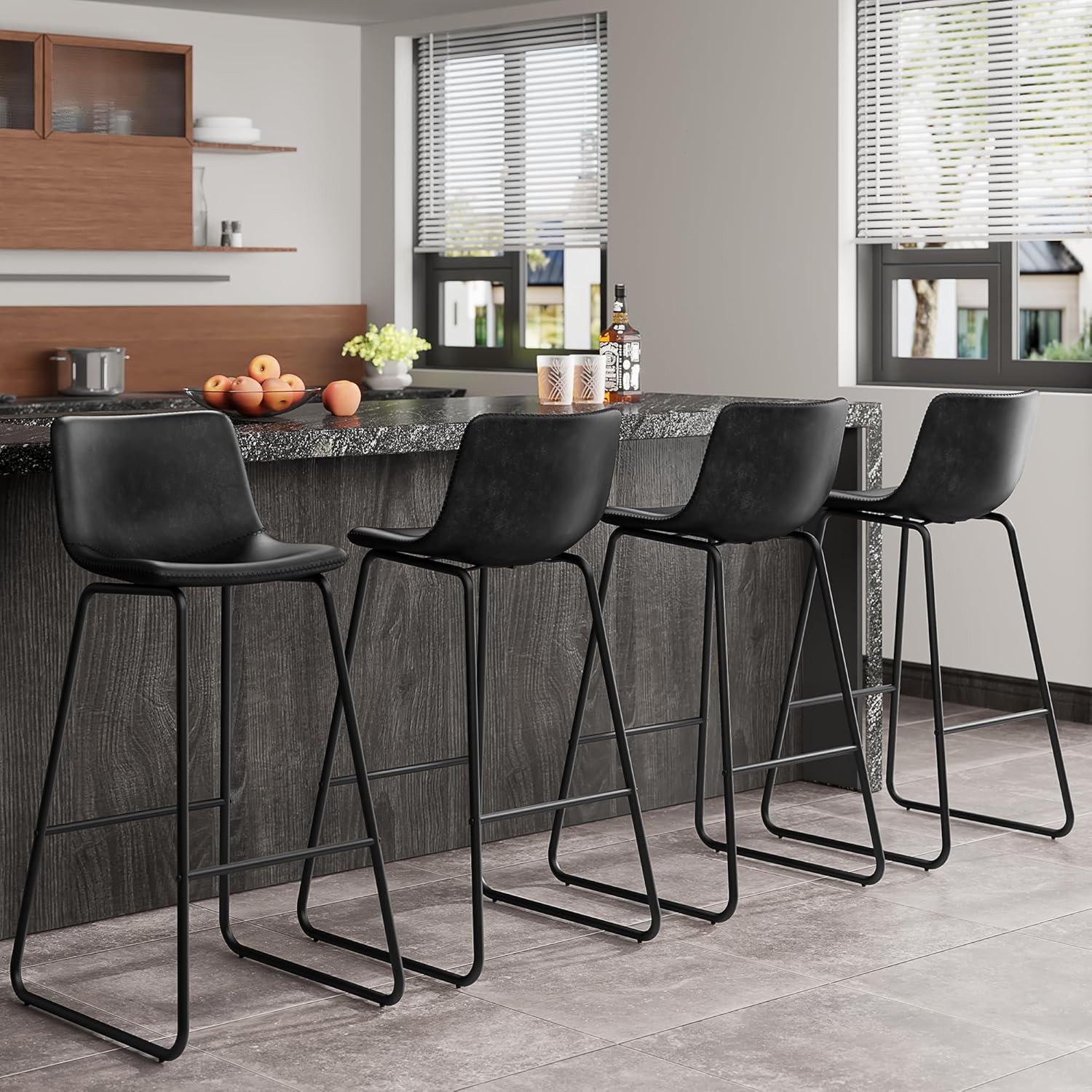 Bar Stools Set of 4, PU Leather Counter Height Bar Stools, 26" Modern Barstools with Metal Legs and Footrest, Urban Armless Dining Chairs with Backrest for Kitchen Island (Brown)