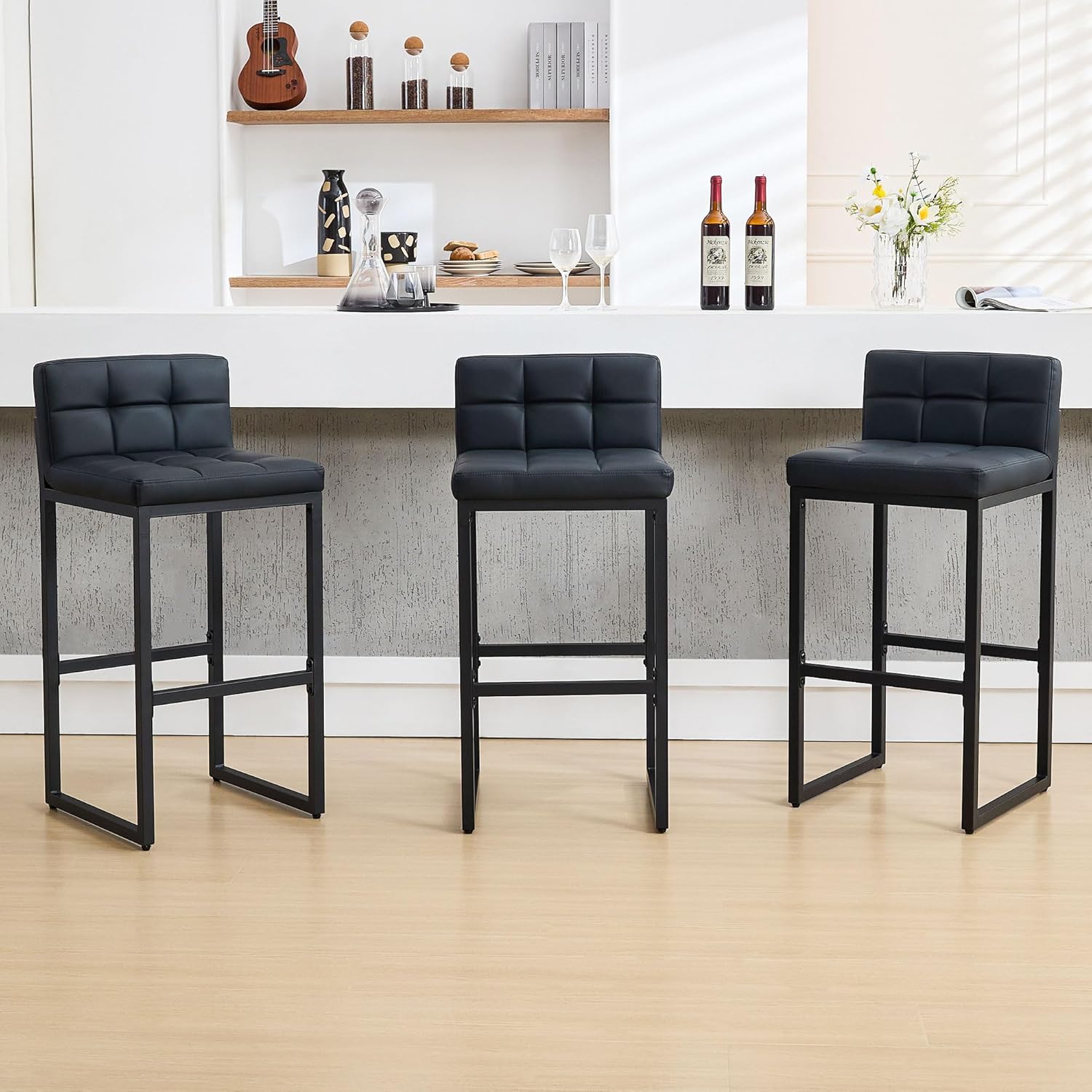 Bar Stools Set of 3, Upholstered PU Leather Counter Height Barstools with Low Back and Thickened Metal Legs, Modern Island Chairs for Kitchen Island (Caramel Brown, 3Pcs 26" Bar Stools)