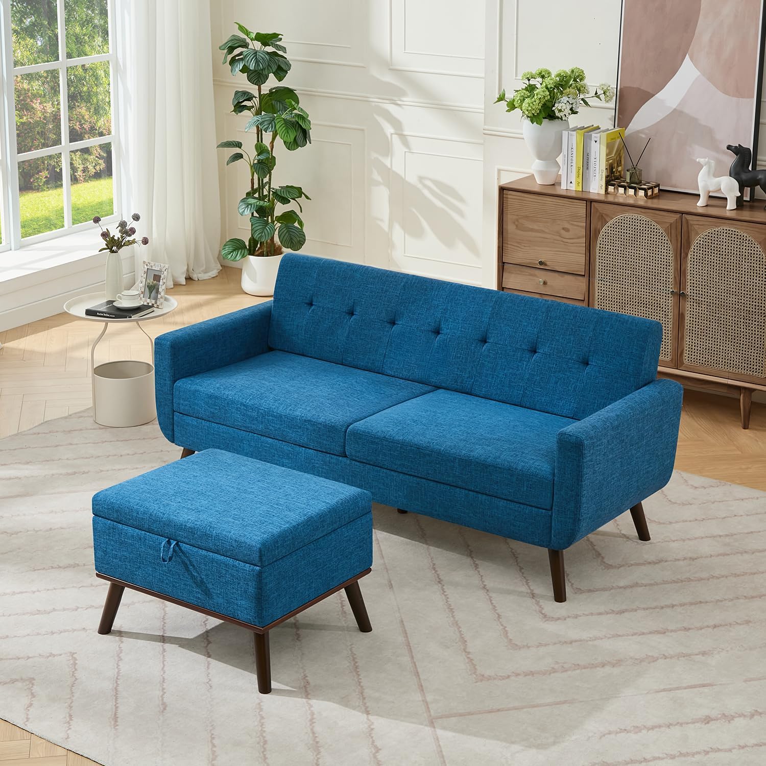 Tbfit Linen Fabric Single Sofa, Accent Chair, Mid Century Modern Armchair for Living Room, Bedroom Button Tufted Upholstered Comfy Reading Sofas, Beige | linen fabric, button tufted, solid wood foot, pocket spring, wood slats frame