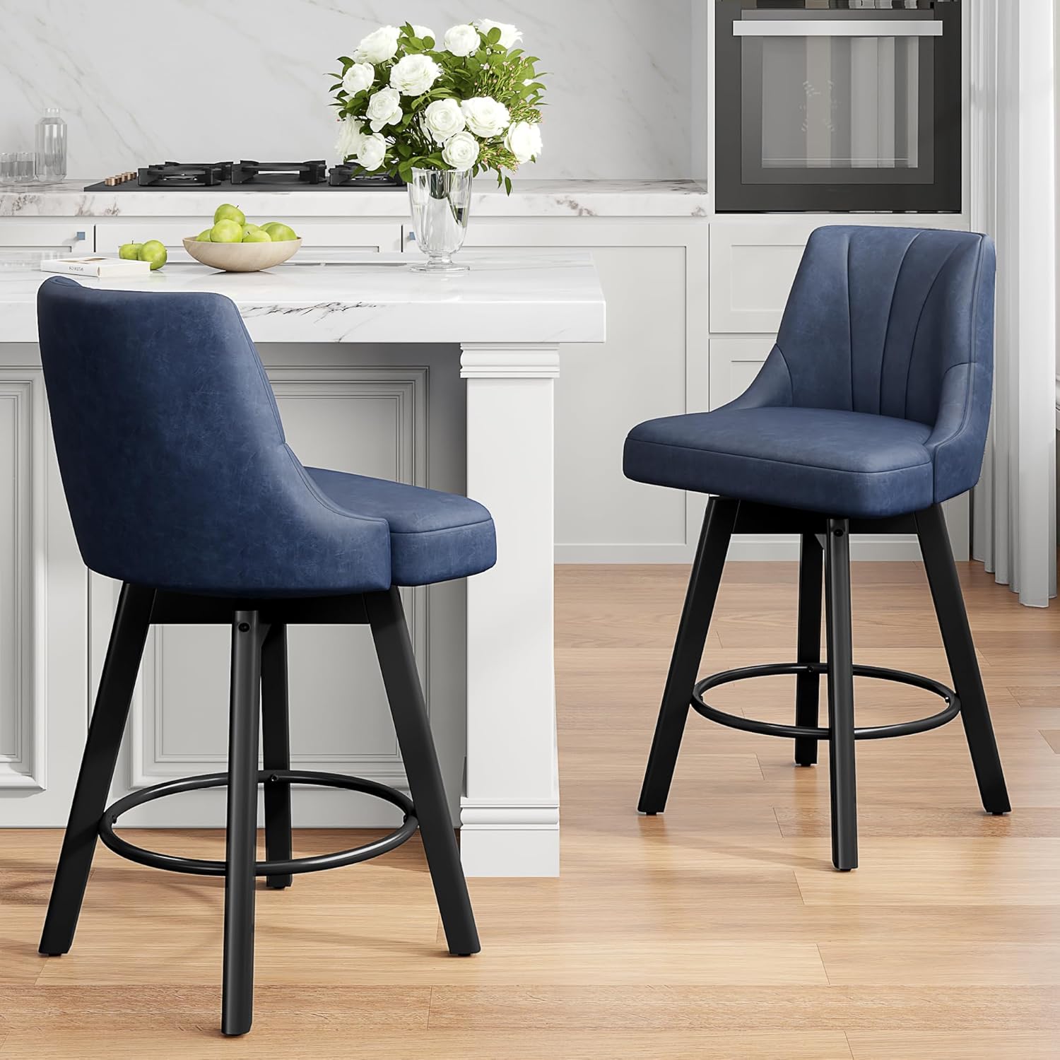 Counter Height Swivel Bar Stool, 24" Upholstered PU Leather Barstools Set of 3, Counter Stool Chair with Back & Solid Wood Legs for Kitchen Island Dining Room (Black)