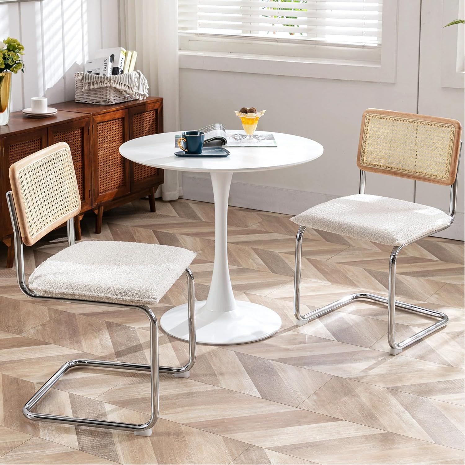 Zesthouse Natural Rattan Dining Chairs Set of 2, Modern Dining Room Chairs with Solid Wood Back for Kitchen Living Room, Mid Century Breuer Design Inspired, Upholstered Faux Leather Brown