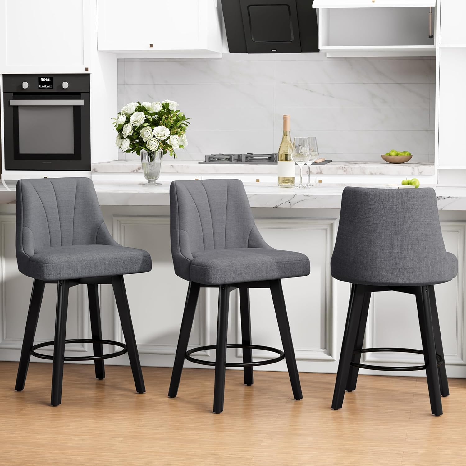 Counter Height Swivel Bar Stool, 24" Upholstered PU Leather Barstools Set of 3, Counter Stool Chair with Back & Solid Wood Legs for Kitchen Island Dining Room (Black)