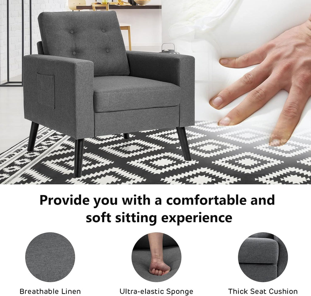 Giantex Modern Accent Chair, Mid-Century Upholstered Armchair Club Chair with Rubber Wood Legs, Patented Linen Fabric Single Sofa for Living Room Bedroom Office, Grey