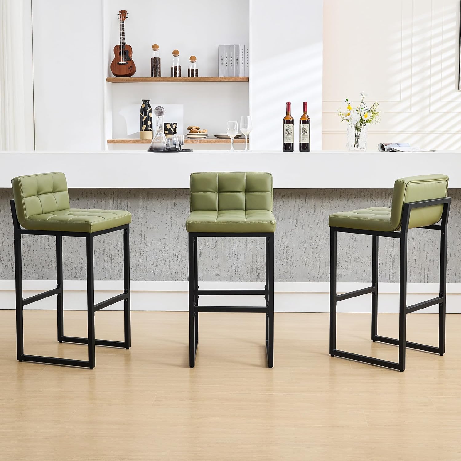 Bar Stools Set of 3, Upholstered PU Leather Counter Height Barstools with Low Back and Thickened Metal Legs, Modern Island Chairs for Kitchen Island (Caramel Brown, 3Pcs 26" Bar Stools)