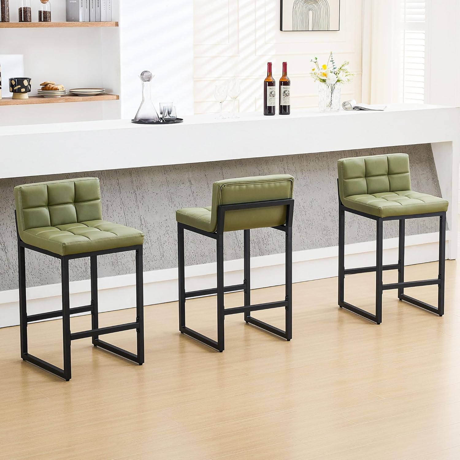 Bar Stools Set of 3, Upholstered PU Leather Counter Height Barstools with Low Back and Thickened Metal Legs, Modern Island Chairs for Kitchen Island (Caramel Brown, 3Pcs 26" Bar Stools)