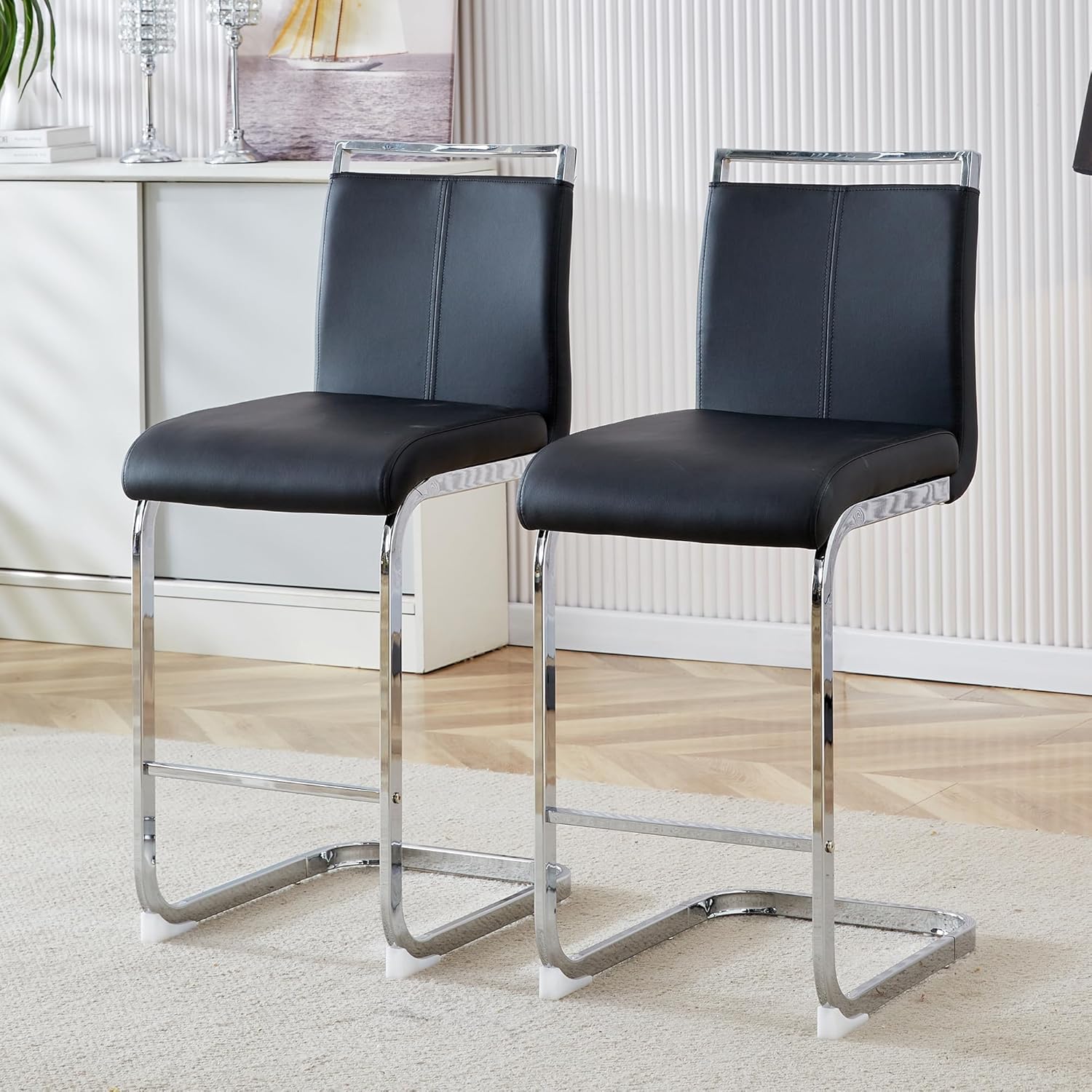 Counter Height Bar Stools Set of 4,25" PU Leather Bar Stools with Back,Counter High Chairs with Black Painted Metal Legs,White Bar Stool of 4 for Kitchen Island,Bar Counter (White,25" H)