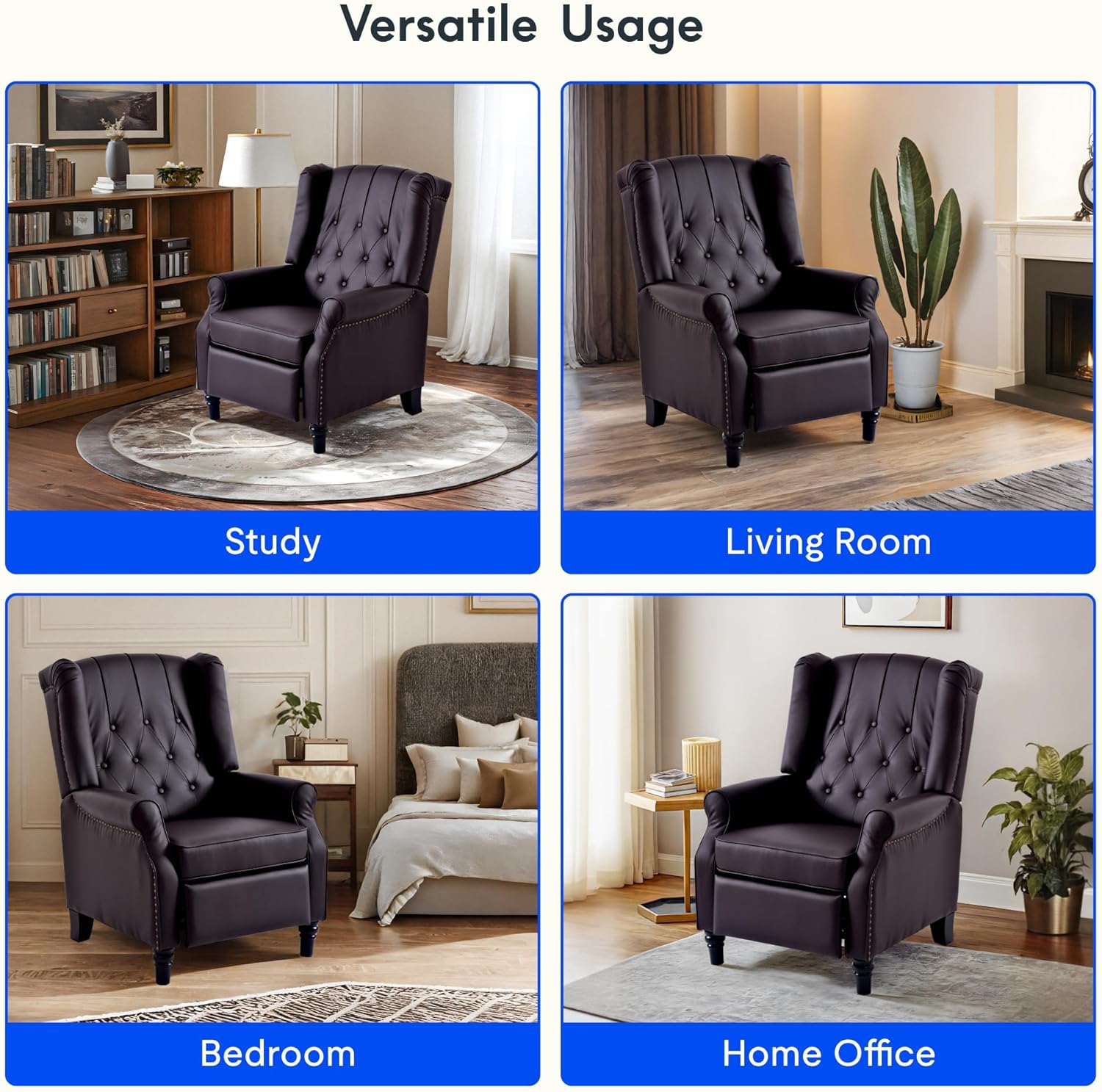 FLEXISPOT XC5 Pushback Recliner Chair for Adults, Mid Century Wingback Accent Chair with Rivet Decoration, Tufted Upholstered Single Sofa Armchair for Living Room, Bedroom, Study (Fabric, White)