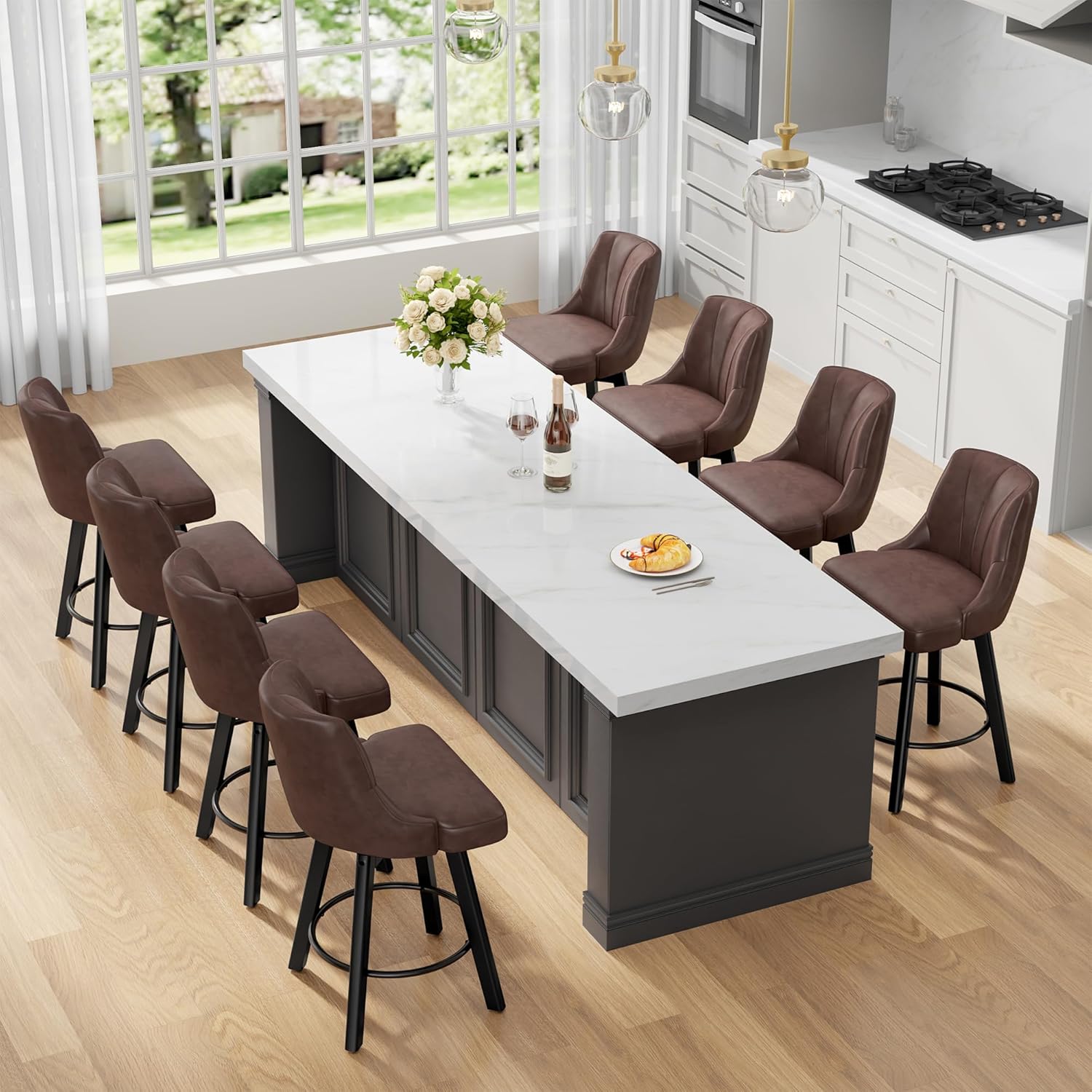Counter Height Swivel Bar Stool, 24" Upholstered PU Leather Barstools Set of 3, Counter Stool Chair with Back & Solid Wood Legs for Kitchen Island Dining Room (Black)
