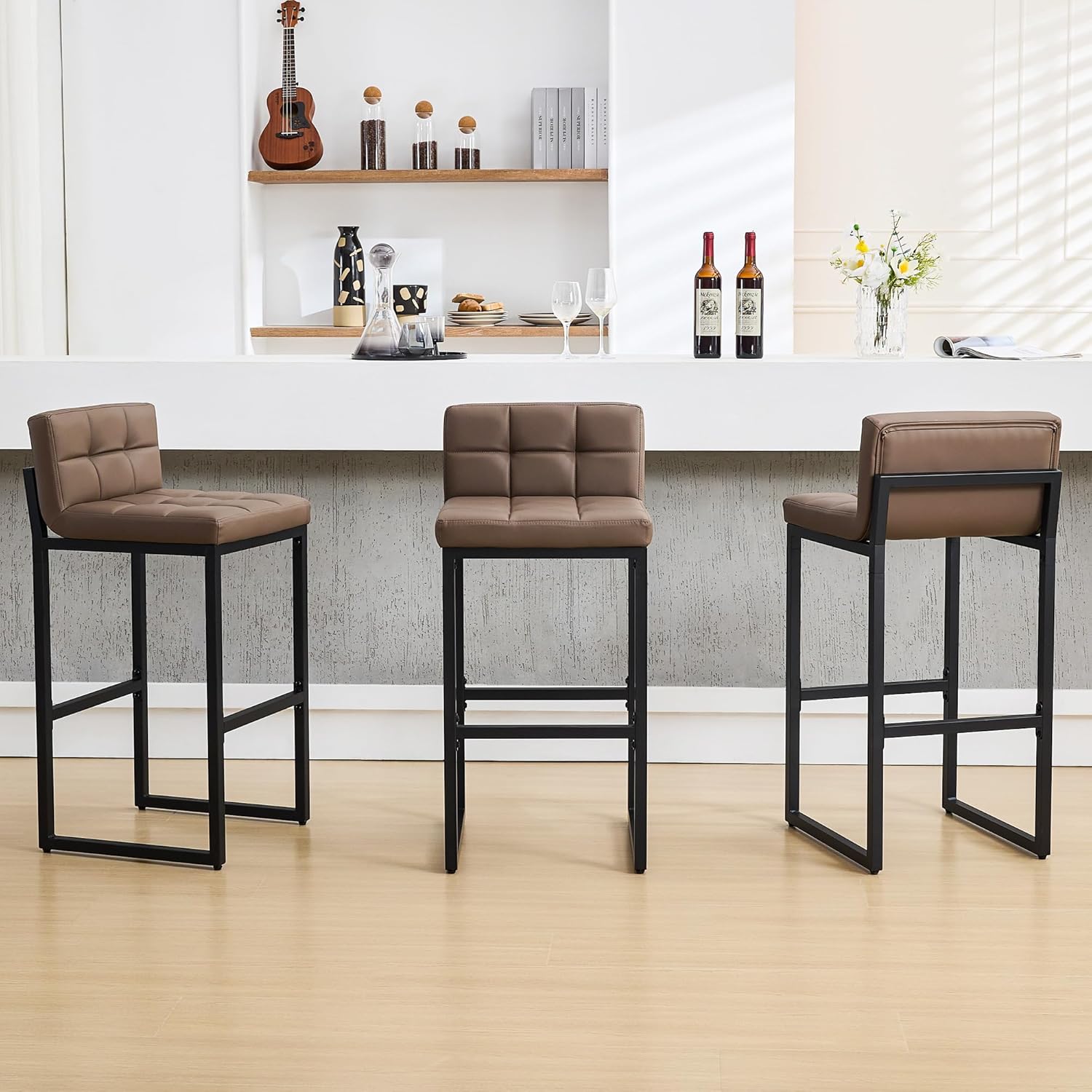 Bar Stools Set of 3, Upholstered PU Leather Counter Height Barstools with Low Back and Thickened Metal Legs, Modern Island Chairs for Kitchen Island (Caramel Brown, 3Pcs 26" Bar Stools)