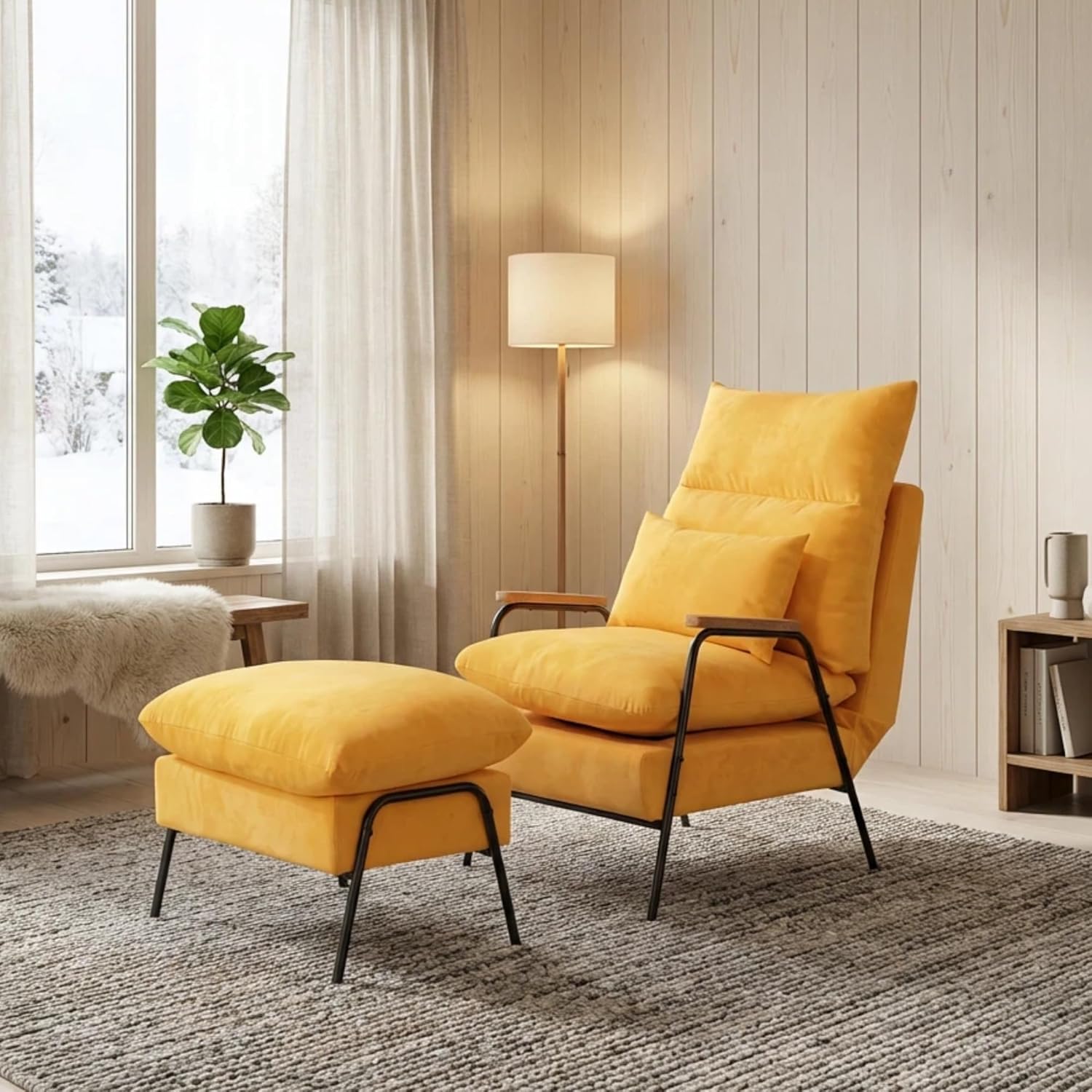 MCombo Accent Recliner Chair with Ottoman, Modern Fabric Armchair, Upholstered Sofa Bed for Living Room Bedroom, Small Space 4055 (Black Frame, Blue)