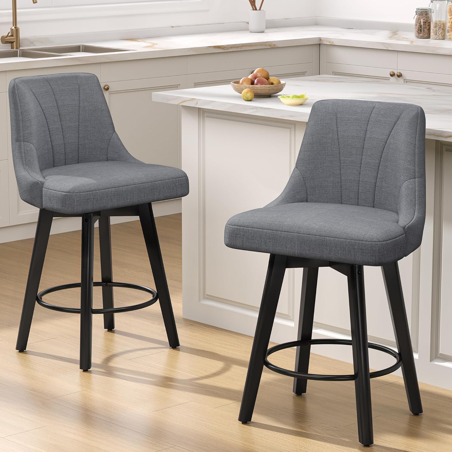 Counter Height Swivel Bar Stool, 24" Upholstered PU Leather Barstools Set of 3, Counter Stool Chair with Back & Solid Wood Legs for Kitchen Island Dining Room (Black)