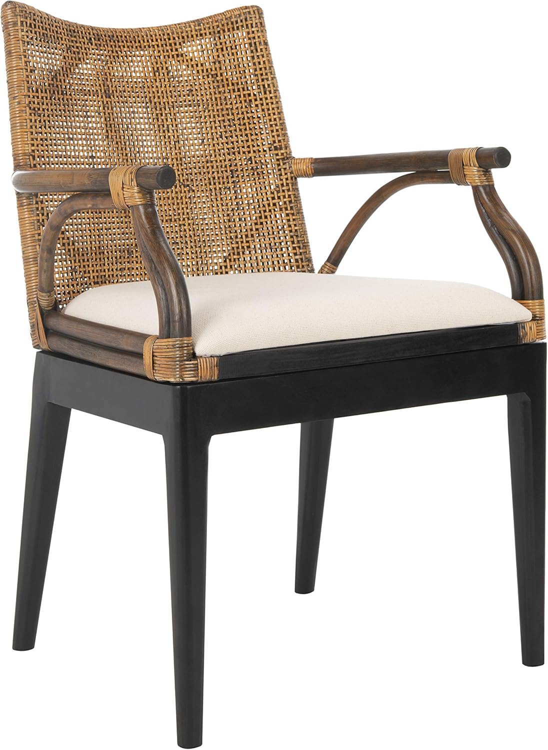 SAFAVIEH Home Collection - Gianni Brown & Black Solid Wood Rattan Arm Chair, Tropical Coastal Accent Seating for Living Room or Dining Space (SEA4011A)