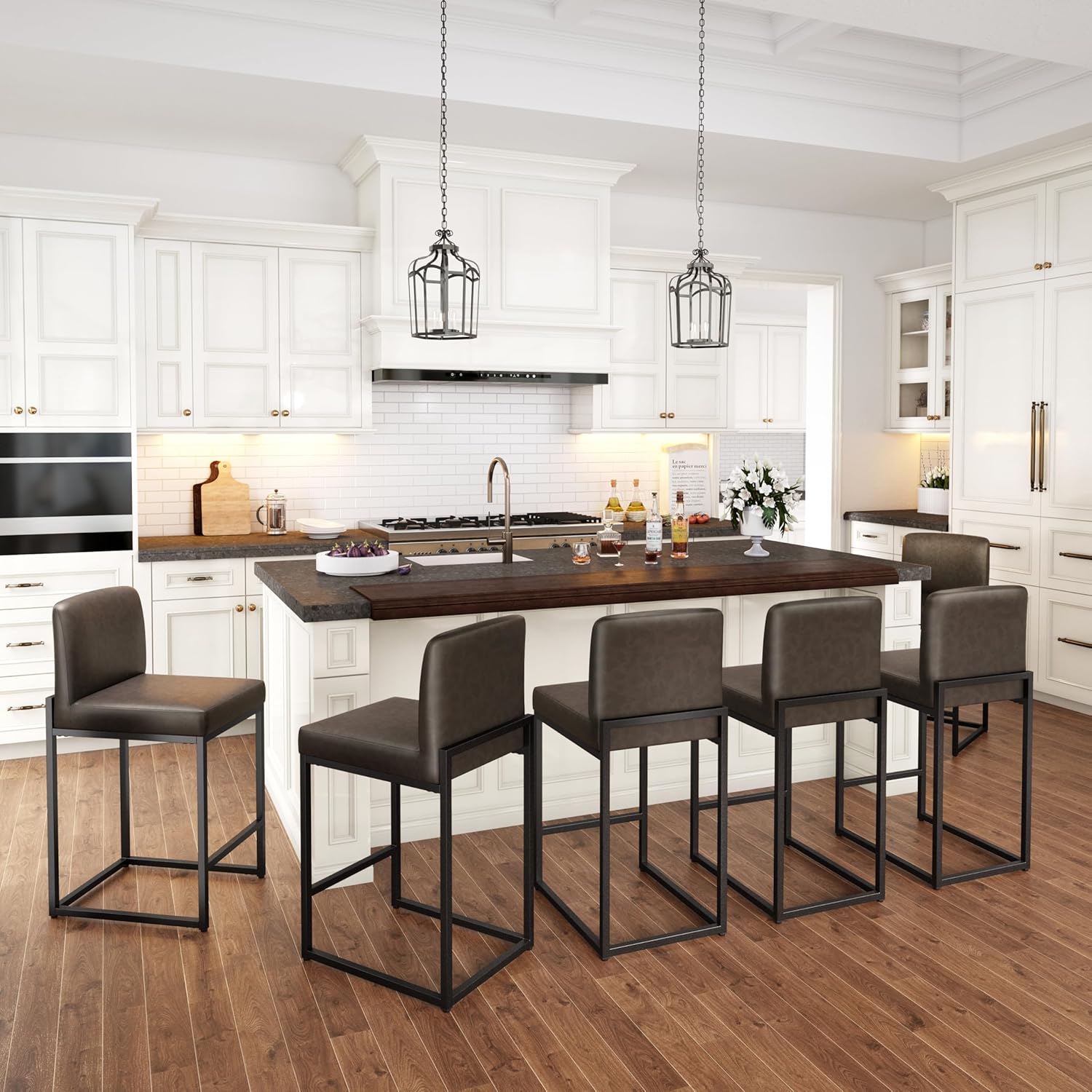 PHI VILLA Black Bar Stools Set of 4, Counter Height 24'' Barstool Pu Leather Bar Stools with Back, Kitchen Bar Chairs