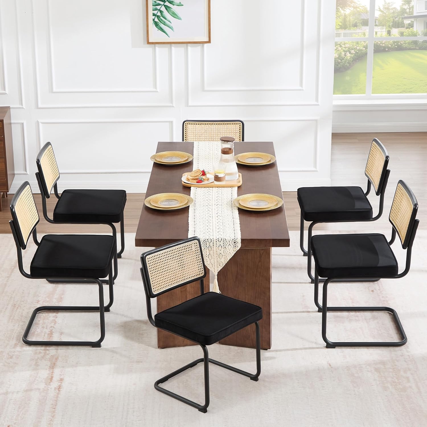 Zesthouse Natural Rattan Dining Chairs Set of 2, Modern Dining Room Chairs with Solid Wood Back for Kitchen Living Room, Mid Century Breuer Design Inspired, Upholstered Faux Leather Brown