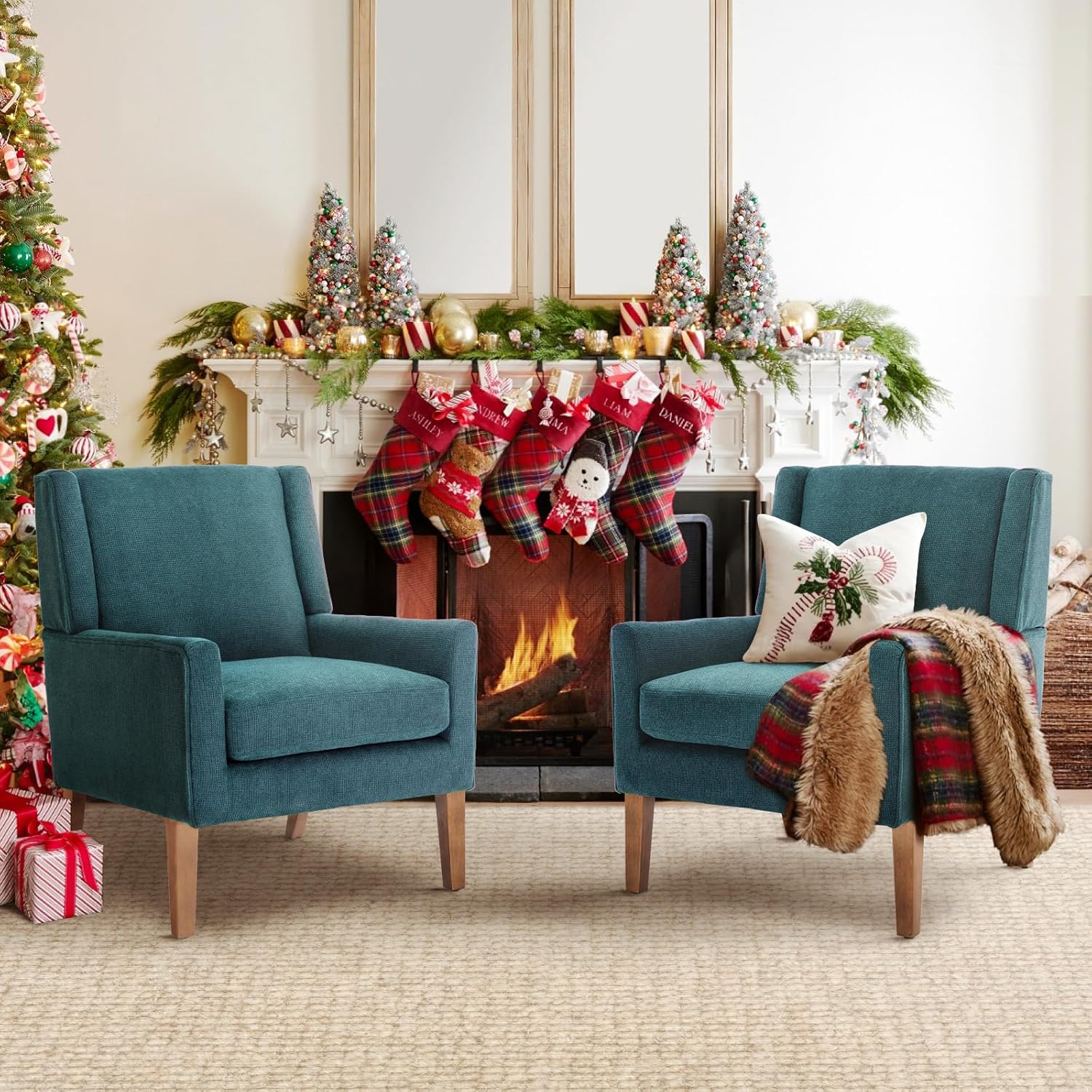 COLAMY Modern Wingback Living Room Chair, Upholstered Fabric Accent Armchair, Single Sofa Chair with Lounge Seat and Wood Legs for Bedroom/Office/Reading Spaces, Brown