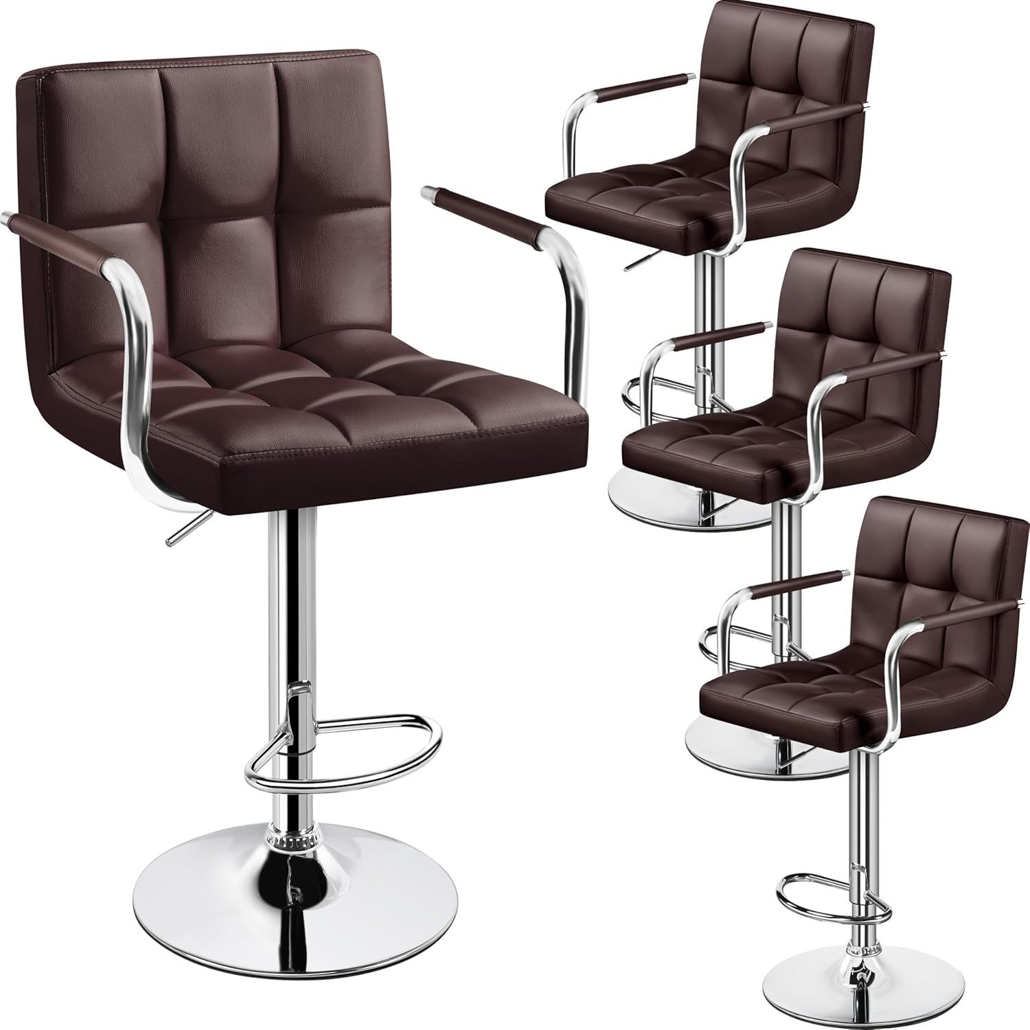 Yaheetech Bar Stools Set of 2, PU Leather Height Adjustable Swivel Barstools, Hydraulic Kitchen Counter Height Bar Chairs with Armrest and Back for Kitchen, Dining Room, Black