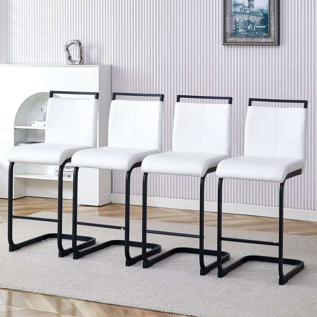Counter Height Bar Stools Set of 4,25" PU Leather Bar Stools with Back,Counter High Chairs with Black Painted Metal Legs,White Bar Stool of 4 for Kitchen Island,Bar Counter (White,25" H)