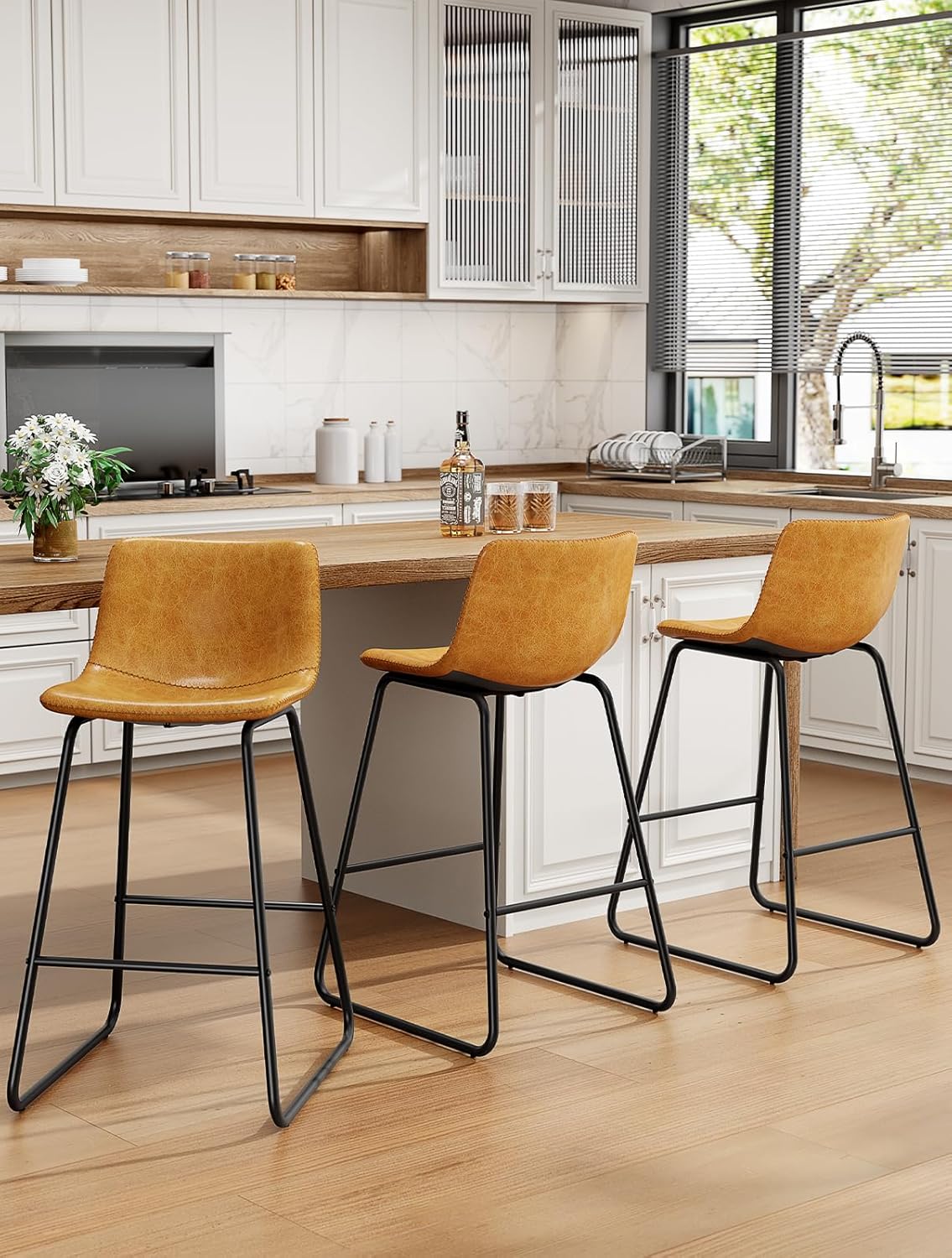 Bar Stools Set of 4, PU Leather Counter Height Bar Stools, 26" Modern Barstools with Metal Legs and Footrest, Urban Armless Dining Chairs with Backrest for Kitchen Island (Brown)