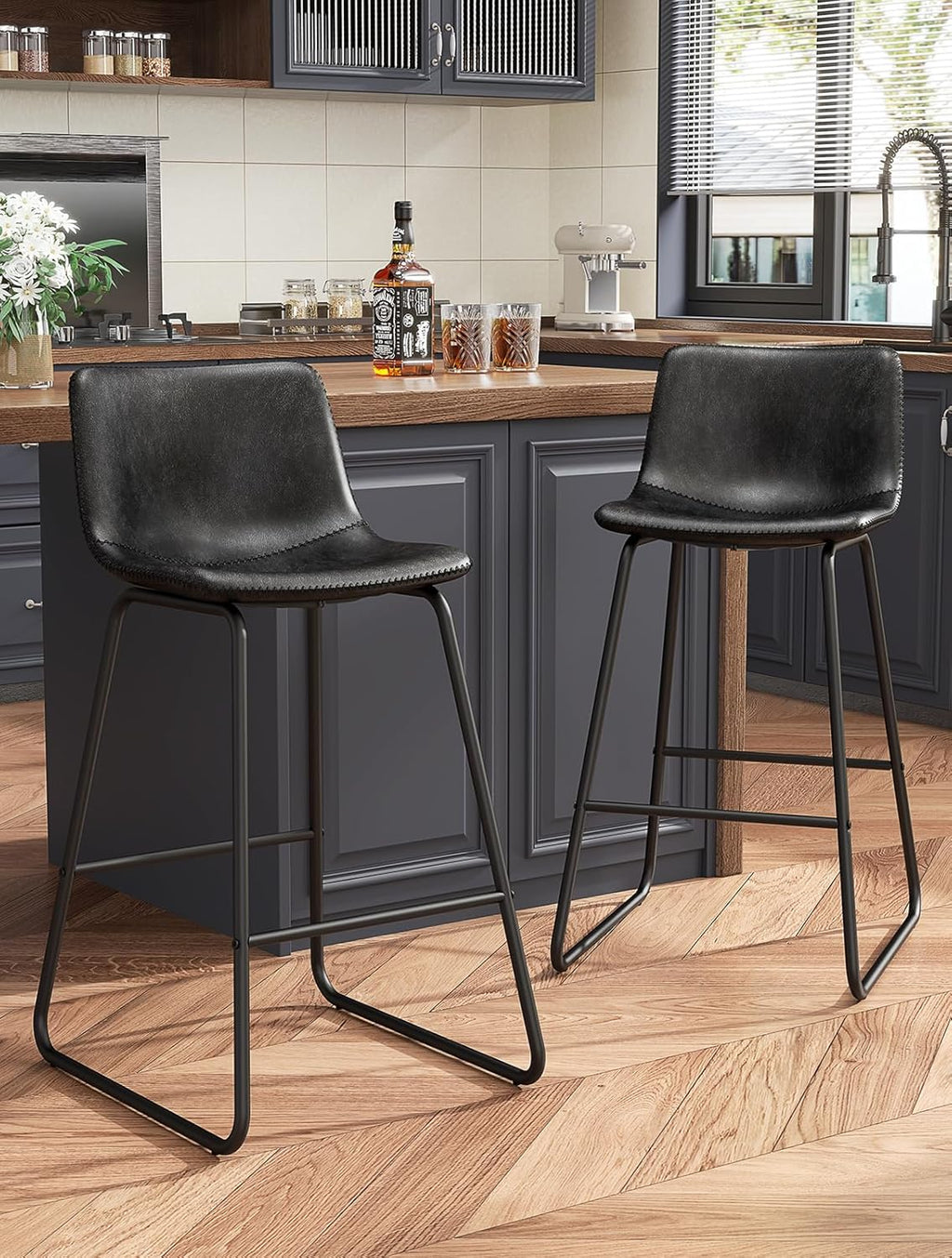 Bar Stools Set of 4, PU Leather Counter Height Bar Stools, 26" Modern Barstools with Metal Legs and Footrest, Urban Armless Dining Chairs with Backrest for Kitchen Island (Brown)
