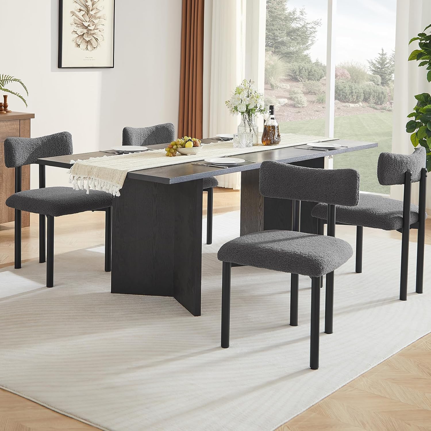 Boucle Dining Chairs Set of 4, Upholstered Kitchen Dinning Room Chair with Curved Backrest and Metal Frame, Mid Century Modern Kitchen Chair for Dining Room, Restaurant, Grey