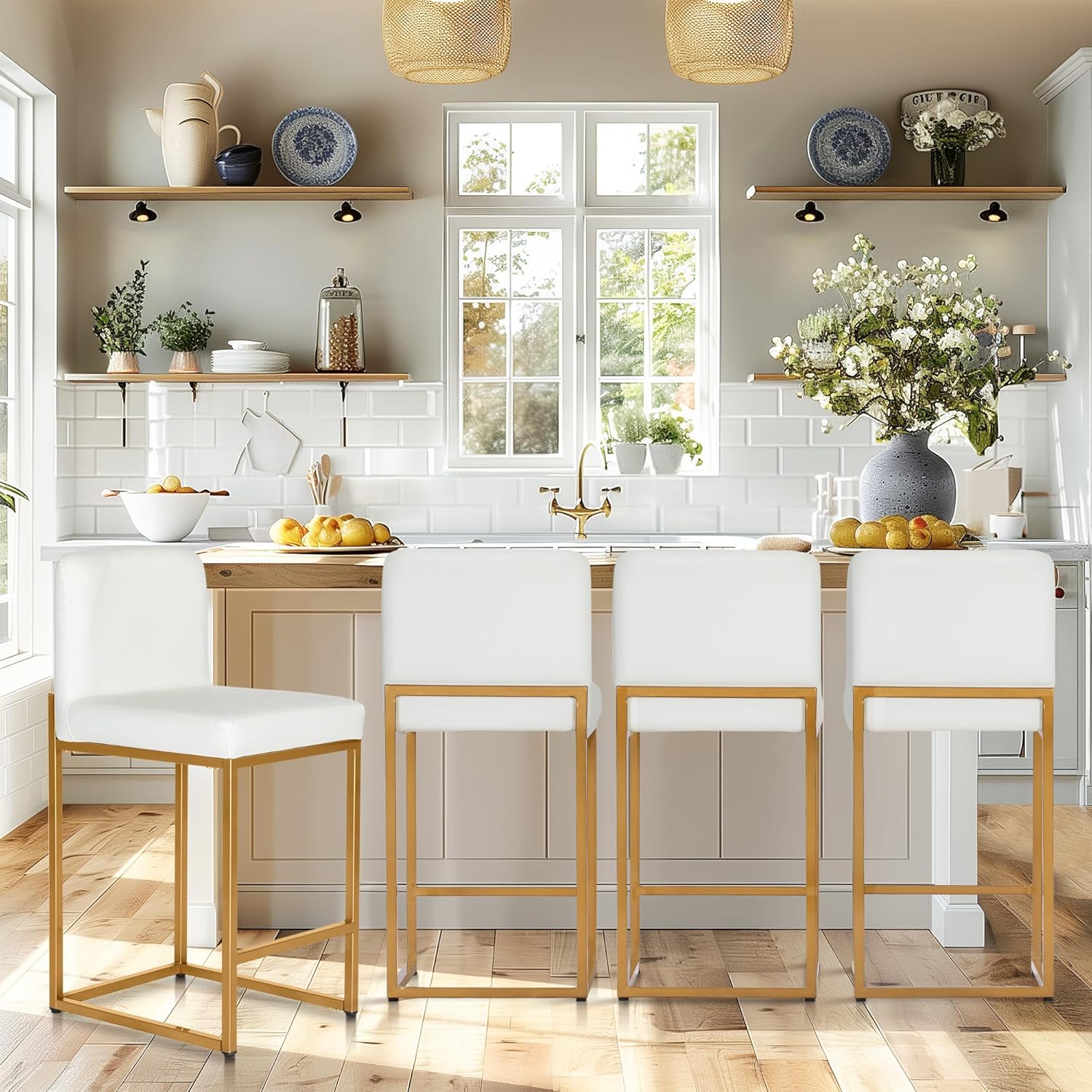 PHI VILLA Black Bar Stools Set of 4, Counter Height 24'' Barstool Pu Leather Bar Stools with Back, Kitchen Bar Chairs