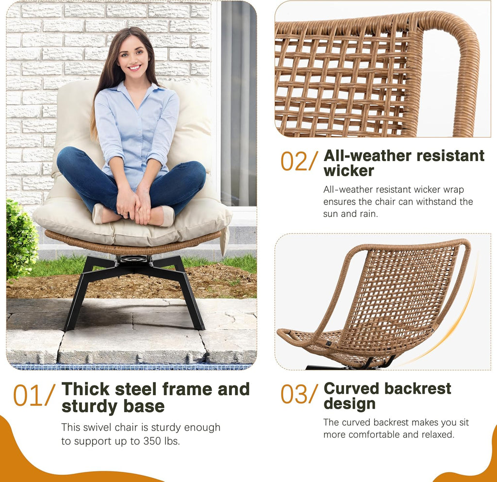 Shintenchi Outdoor Rattan Swivel Chair,Nature Wicker Patio Rotating Chair with Beige Thickened Cushion and Side Pocket,360° Rotation Patio Lounge Chairs for Living Room Bedroom Backyard Balcony