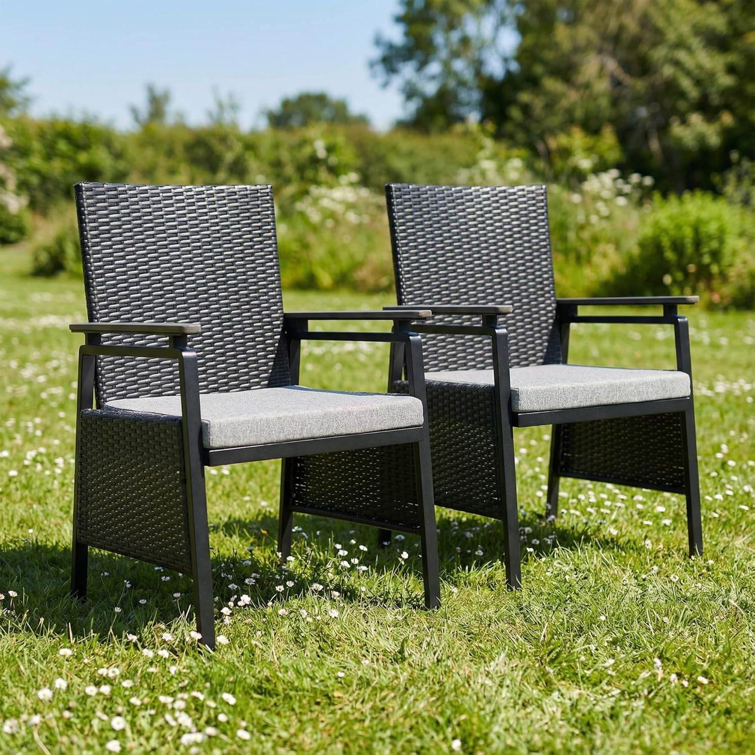 Aluminum Outdoor Dining Chairs Set of 2, Patio Dining Chairs with Armrests, Rattan Patio Furniture Set, Dining Room Chair with Removable Cushions, Kitchen Table Chair for Balcony/Deck, Green