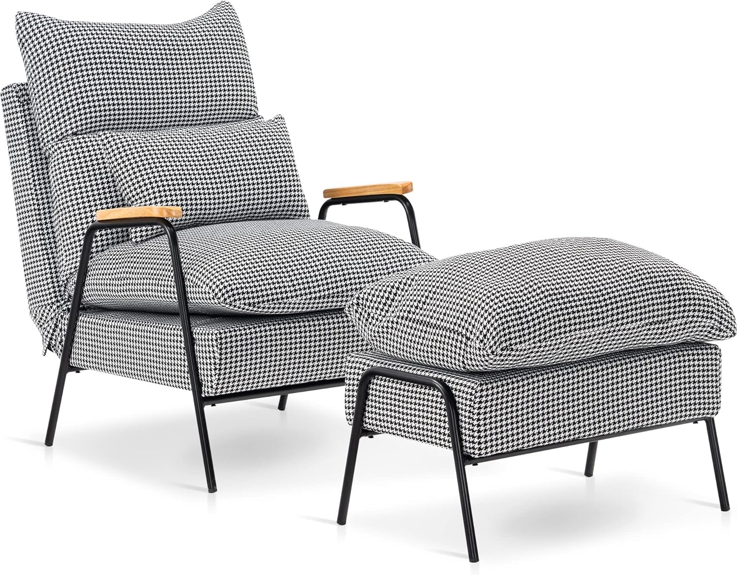 MCombo Accent Recliner Chair with Ottoman, Modern Fabric Armchair, Upholstered Sofa Bed for Living Room Bedroom, Small Space 4055 (Black Frame, Blue)