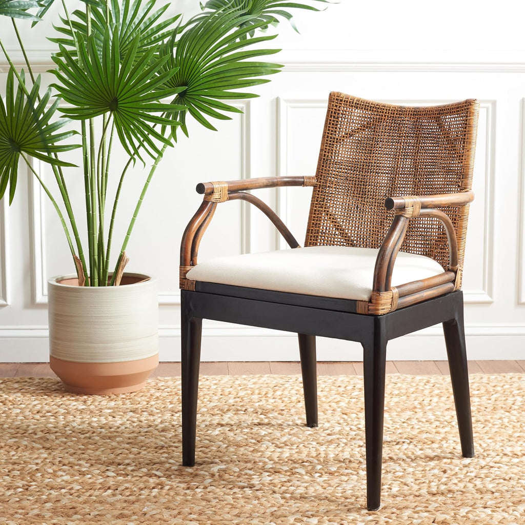 SAFAVIEH Home Collection - Gianni Brown & Black Solid Wood Rattan Arm Chair, Tropical Coastal Accent Seating for Living Room or Dining Space (SEA4011A)