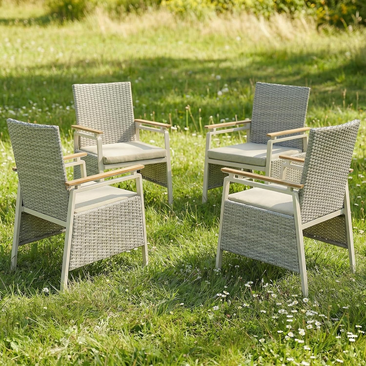 Aluminum Outdoor Dining Chairs Set of 2, Patio Dining Chairs with Armrests, Rattan Patio Furniture Set, Dining Room Chair with Removable Cushions, Kitchen Table Chair for Balcony/Deck, Green