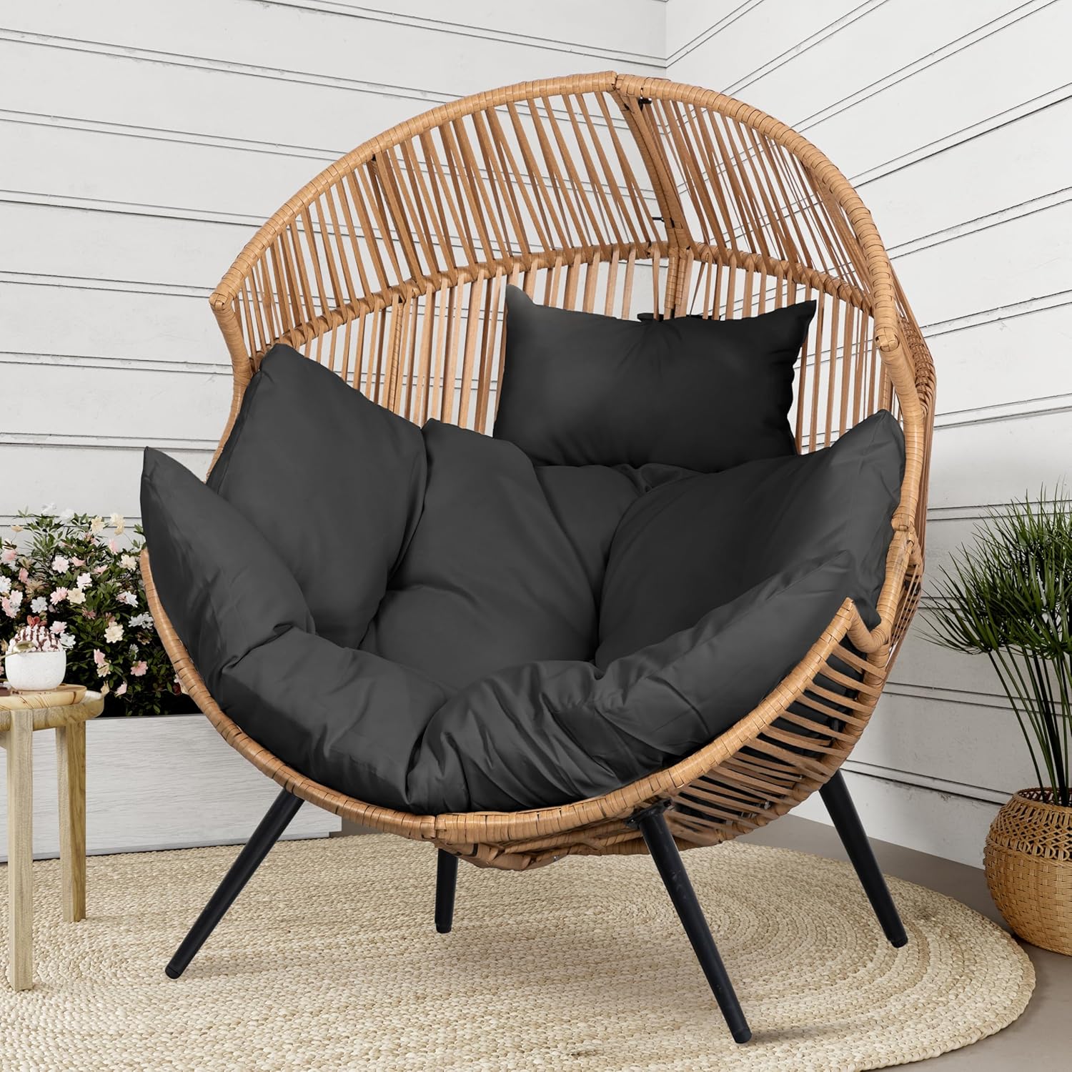 Shintenchi Wicker Egg Chair Outdoor Rattan Patio Chair with Cushion,Oversized Patio Lounge Chairs with Cushion Egg Basket Chair, Egg Seat for Indoor Living Room Bedroom Outside Patio Backyard Balcony