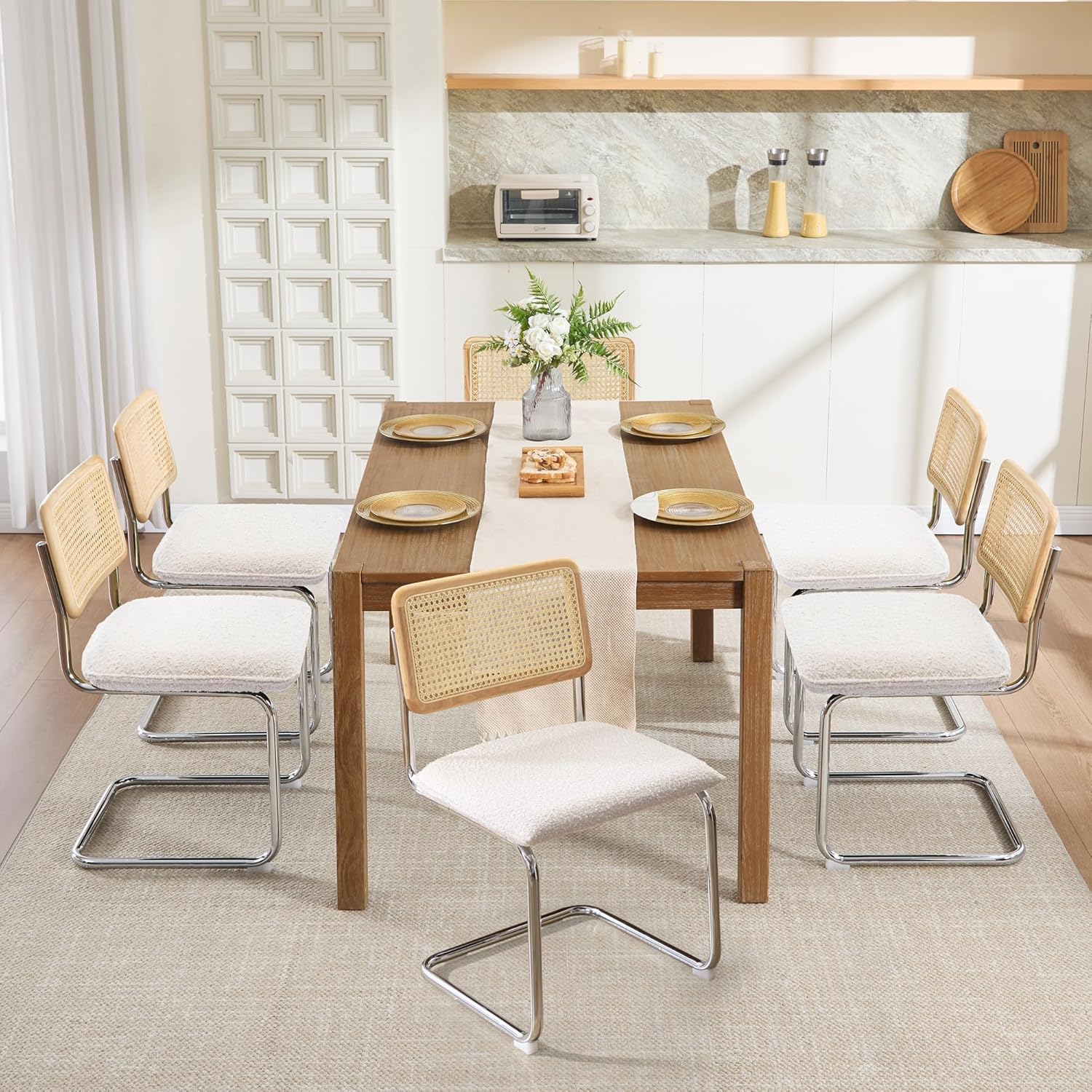 Zesthouse Natural Rattan Dining Chairs Set of 2, Modern Dining Room Chairs with Solid Wood Back for Kitchen Living Room, Mid Century Breuer Design Inspired, Upholstered Faux Leather Brown