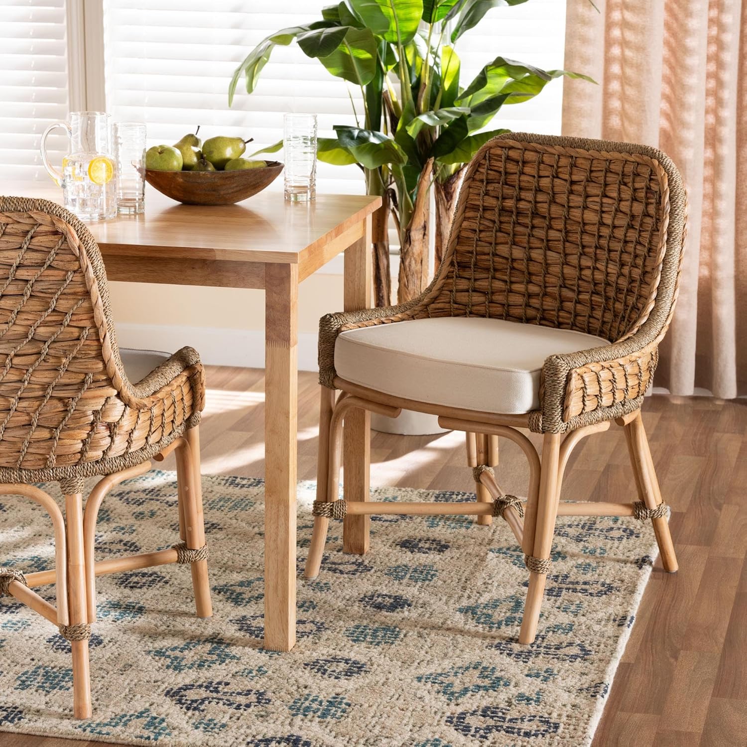 Baxton Studio Kyle Modern Bohemian Natural Brown Woven Rattan Dining Side Chair With Cushion