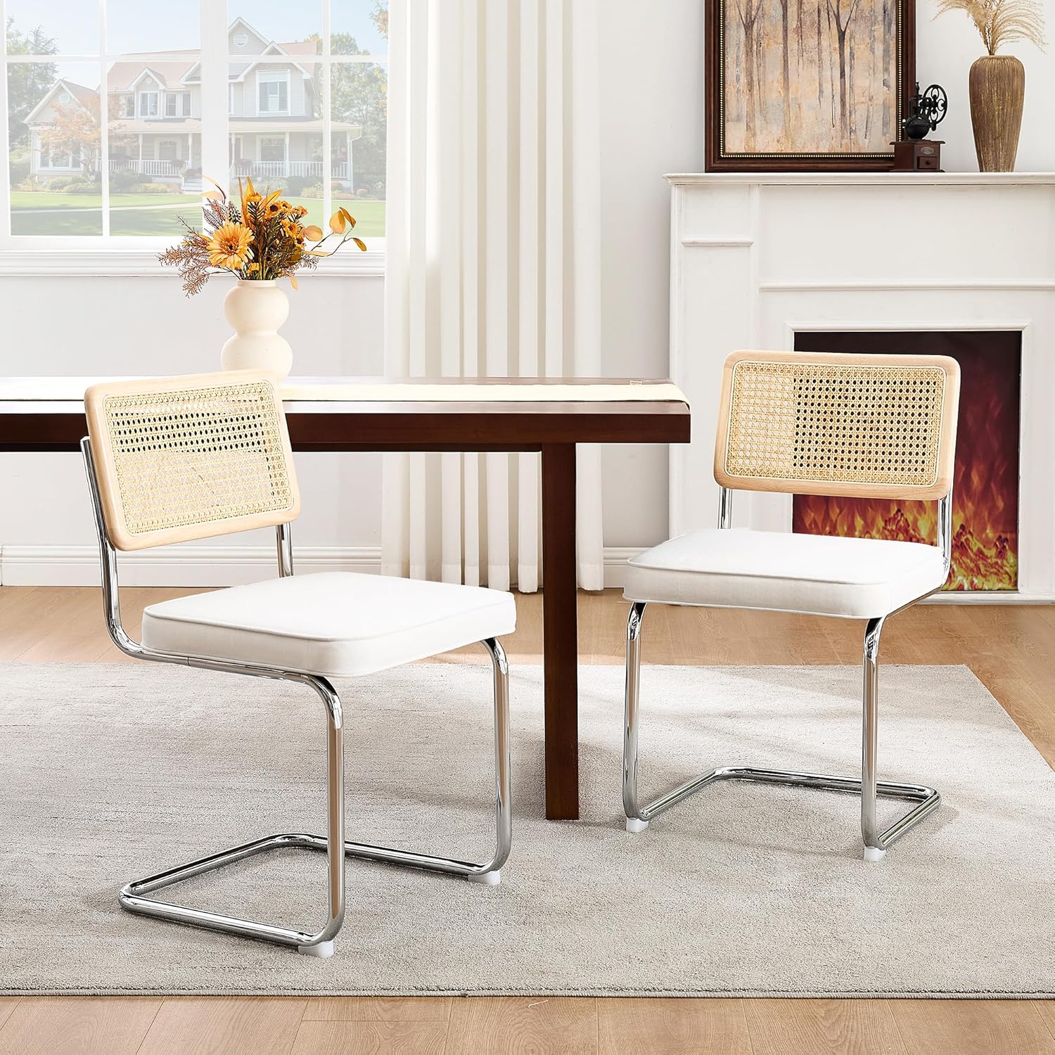 Zesthouse Natural Rattan Dining Chairs Set of 2, Modern Dining Room Chairs with Solid Wood Back for Kitchen Living Room, Mid Century Breuer Design Inspired, Upholstered Faux Leather Brown