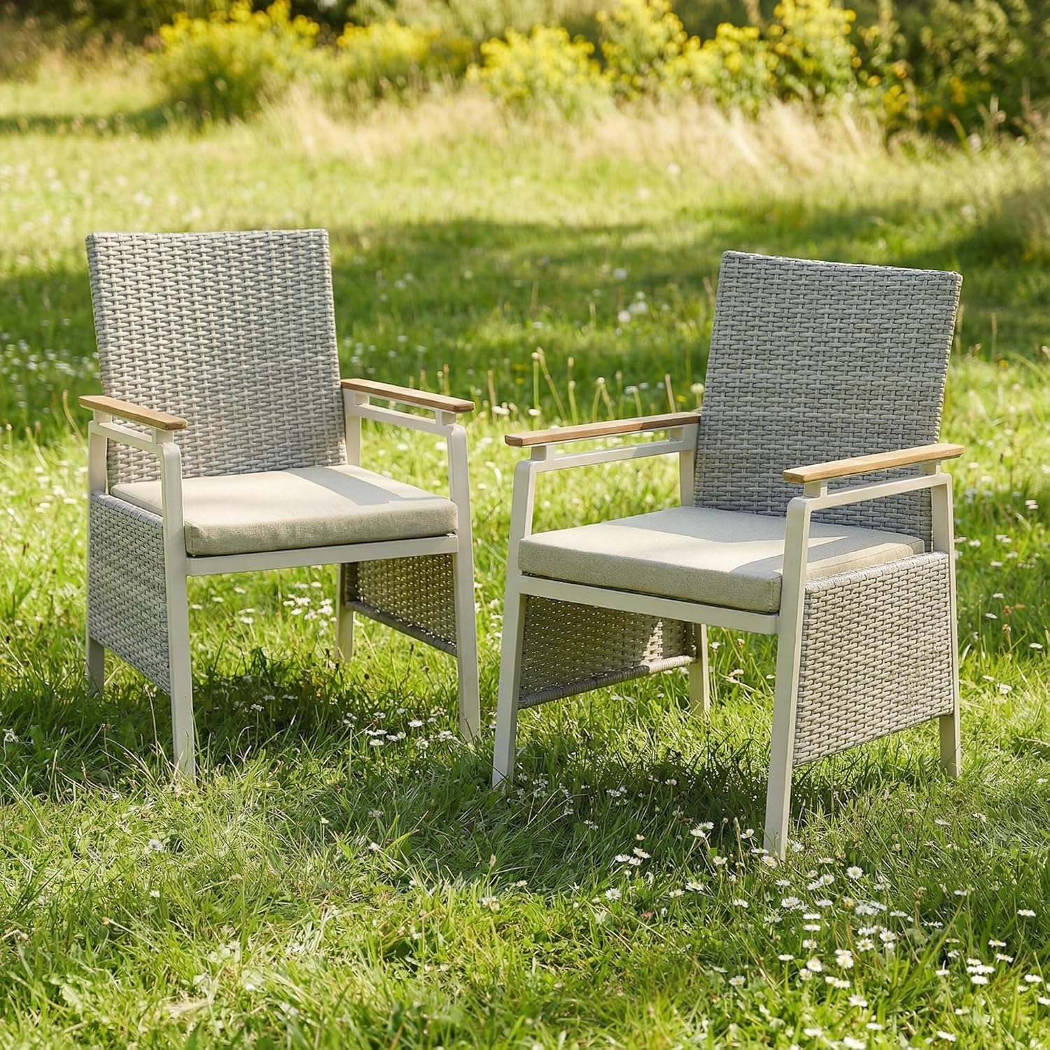 Aluminum Outdoor Dining Chairs Set of 2, Patio Dining Chairs with Armrests, Rattan Patio Furniture Set, Dining Room Chair with Removable Cushions, Kitchen Table Chair for Balcony/Deck, Green