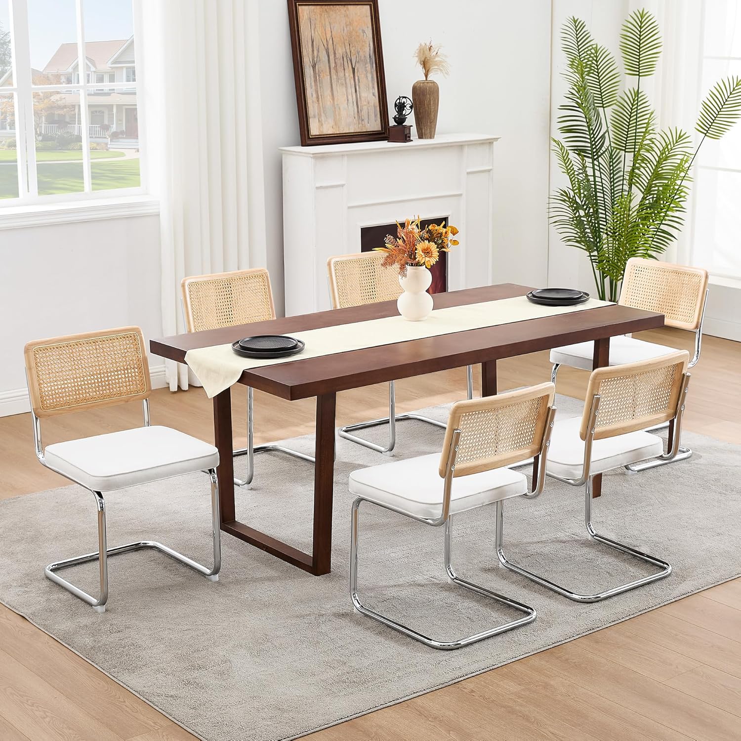 Zesthouse Natural Rattan Dining Chairs Set of 2, Modern Dining Room Chairs with Solid Wood Back for Kitchen Living Room, Mid Century Breuer Design Inspired, Upholstered Faux Leather Brown