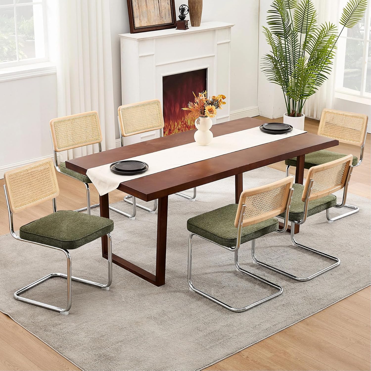 Zesthouse Natural Rattan Dining Chairs Set of 2, Modern Dining Room Chairs with Solid Wood Back for Kitchen Living Room, Mid Century Breuer Design Inspired, Upholstered Faux Leather Brown