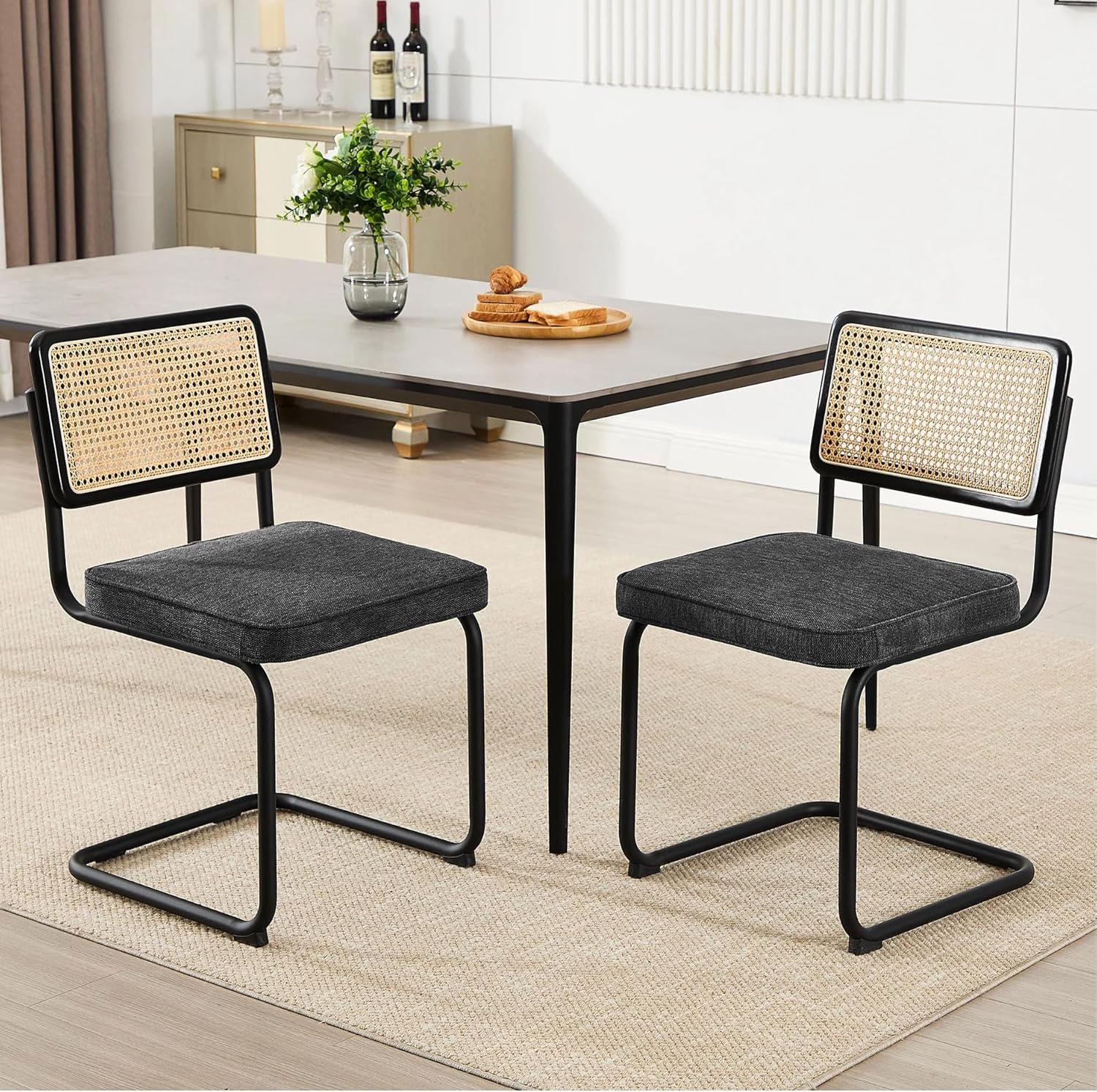 Zesthouse Natural Rattan Dining Chairs Set of 2, Modern Dining Room Chairs with Solid Wood Back for Kitchen Living Room, Mid Century Breuer Design Inspired, Upholstered Faux Leather Brown