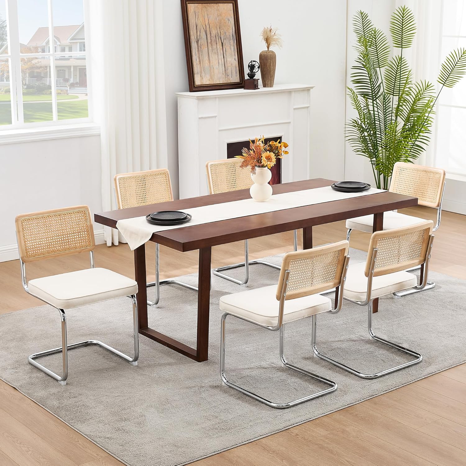 Zesthouse Natural Rattan Dining Chairs Set of 2, Modern Dining Room Chairs with Solid Wood Back for Kitchen Living Room, Mid Century Breuer Design Inspired, Upholstered Faux Leather Brown