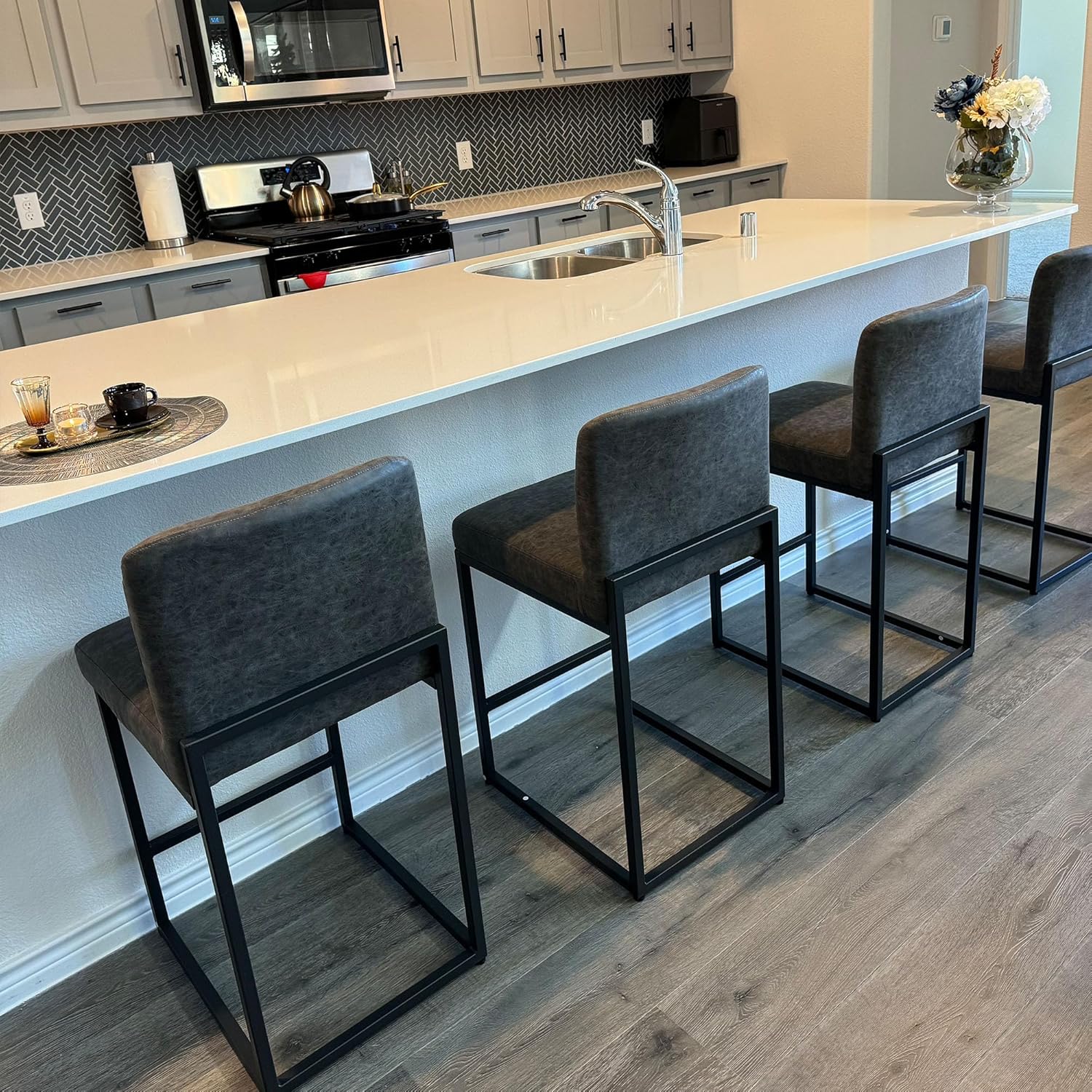 PHI VILLA Black Bar Stools Set of 4, Counter Height 24'' Barstool Pu Leather Bar Stools with Back, Kitchen Bar Chairs