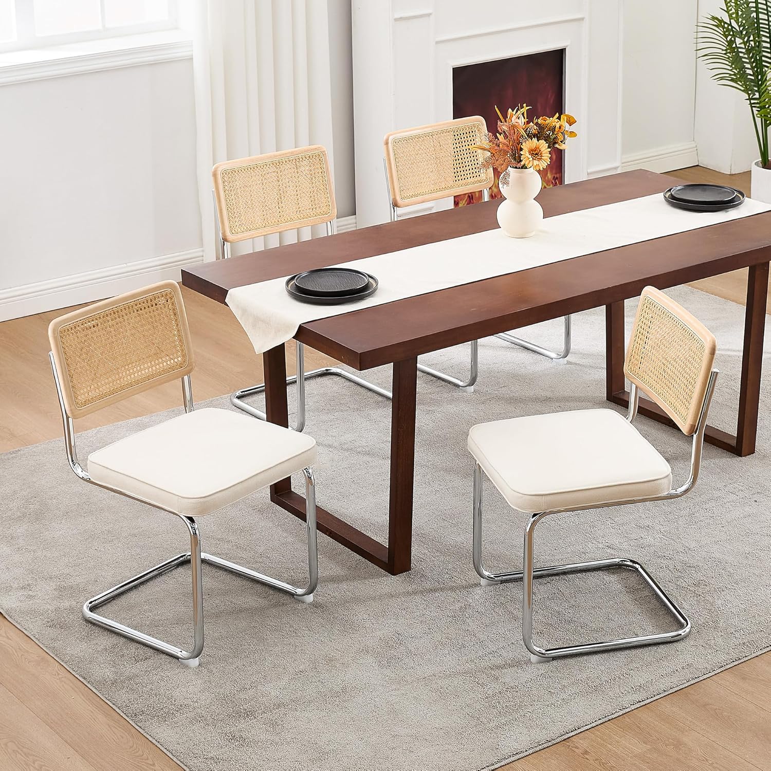 Zesthouse Natural Rattan Dining Chairs Set of 2, Modern Dining Room Chairs with Solid Wood Back for Kitchen Living Room, Mid Century Breuer Design Inspired, Upholstered Faux Leather Brown